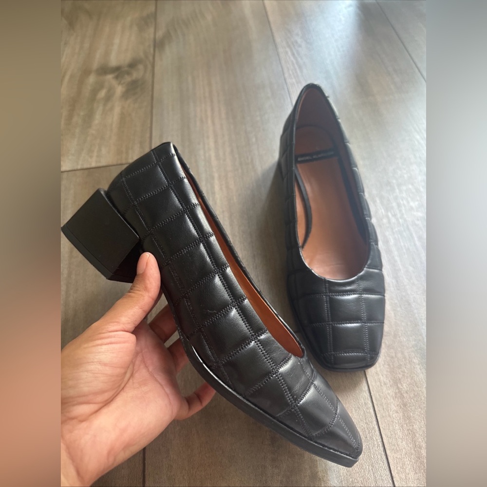 Quilted Black Leather Block Heel Pumps Square Toe EU 38 US 7.5 Chic
